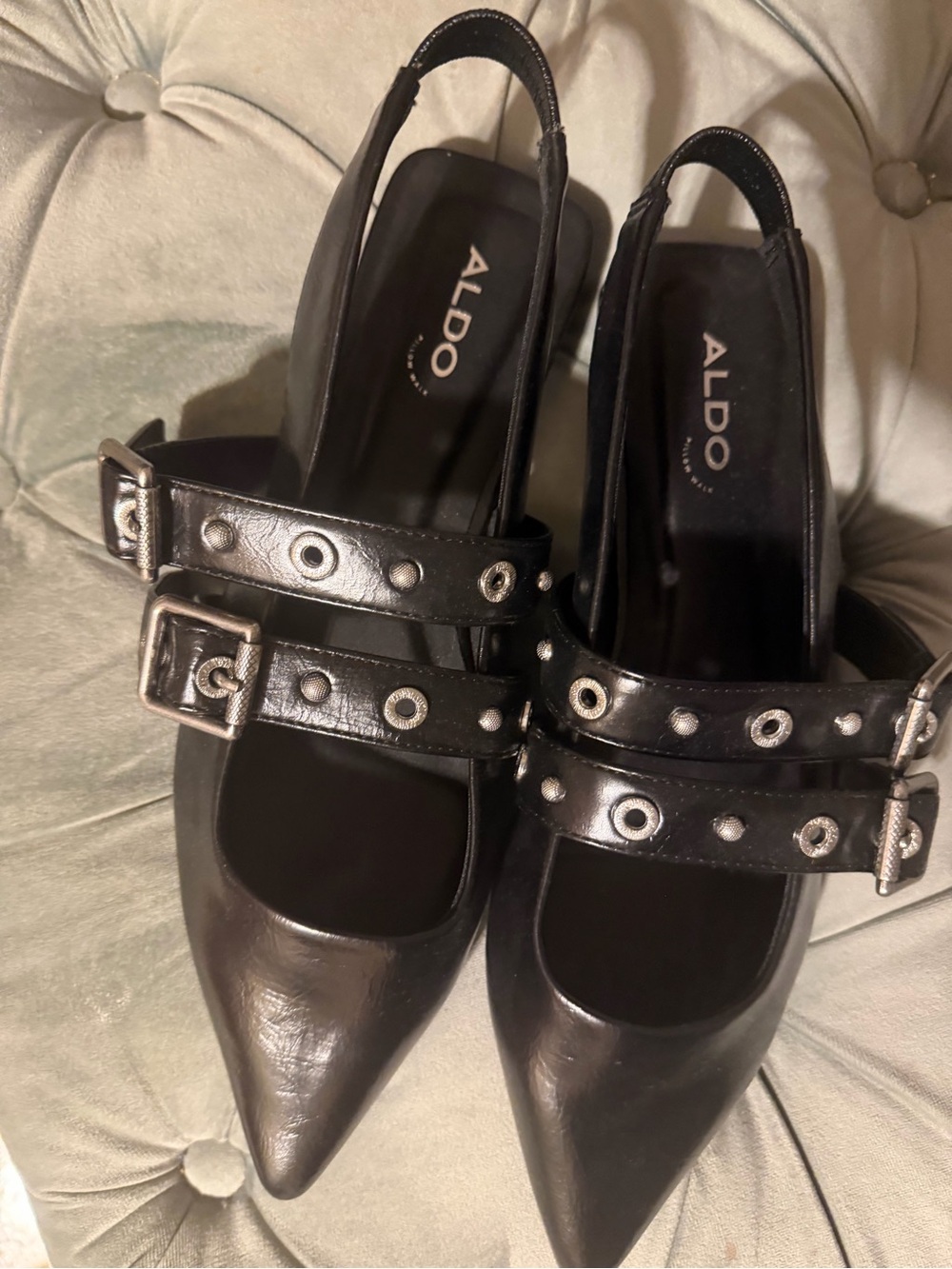 ALDO Black Pointed Slingback Pumps with Studded Double Straps